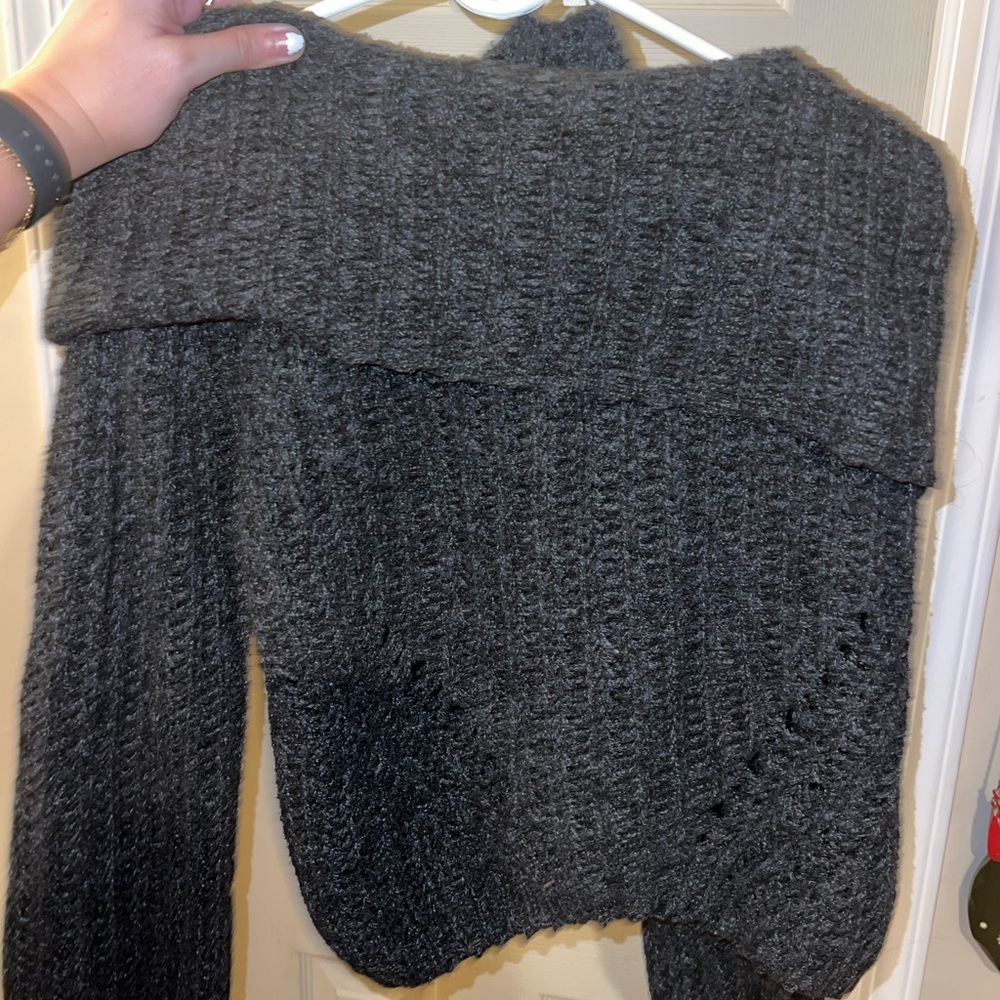 Dark grey off the shoulder sweater. Warm. Cozy